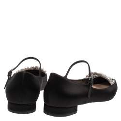 Pre Owned Miu Miu Black Satin Crystal Embellished Ankle Strap Pointed Toe Ballet Flats Size 40