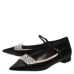 Pre Owned Miu Miu Black Satin Crystal Embellished Ankle Strap Pointed Toe Ballet Flats Size 40