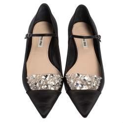 Pre Owned Miu Miu Black Satin Crystal Embellished Ankle Strap Pointed Toe Ballet Flats Size 40