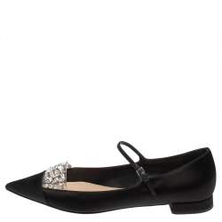 Pre Owned Miu Miu Black Satin Crystal Embellished Ankle Strap Pointed Toe Ballet Flats Size 40