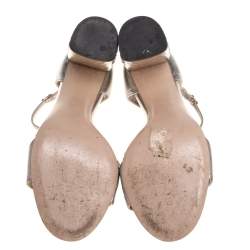 Miu Miu Silver Leather Crystal Embellished Heel Ankle Strap Sandals Size 39