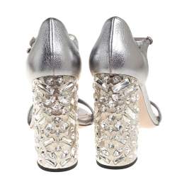 Miu Miu Silver Leather Crystal Embellished Heel Ankle Strap Sandals Size 39