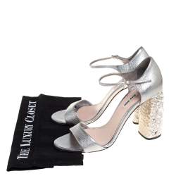 Miu Miu Silver Leather Crystal Embellished Heel Ankle Strap Sandals Size 39