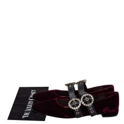 مملوكة مسبقًا Miu Miu Burgundy Velvet And Leather Crystal Embellished Double Strap Ballerina Flats Size 41