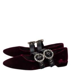 مملوكة مسبقًا Miu Miu Burgundy Velvet And Leather Crystal Embellished Double Strap Ballerina Flats Size 41