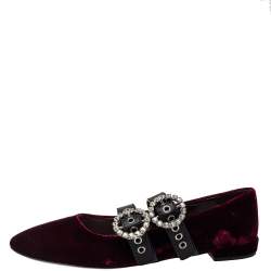 مملوكة مسبقًا Miu Miu Burgundy Velvet And Leather Crystal Embellished Double Strap Ballerina Flats Size 41