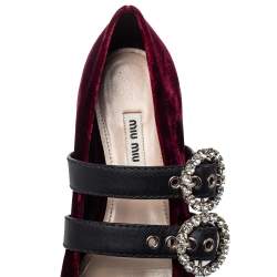 مملوكة مسبقًا Miu Miu Burgundy Velvet And Leather Crystal Embellished Double Strap Ballerina Flats Size 41