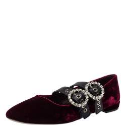 مملوكة مسبقًا Miu Miu Burgundy Velvet And Leather Crystal Embellished Double Strap Ballerina Flats Size 41
