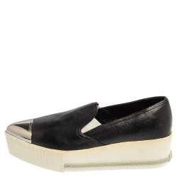 Pre Owned Miu Miu Black Leather Metal Cap Toe Slip On Sneakers Size 37