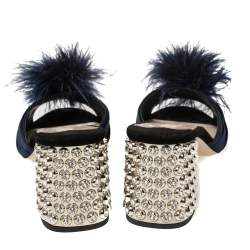 Pre Owned Miu Miu Blue Satin Feather and Crystal Embellished Heel Mules Size 39