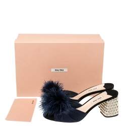 Pre Owned Miu Miu Blue Satin Feather and Crystal Embellished Heel Mules Size 39
