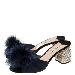 Pre Owned Miu Miu Blue Satin Feather and Crystal Embellished Heel Mules Size 39