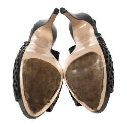 Pre Owned Miu Miu Black Leather Laser Cut Peep Toe Slingback Sandals Size 35