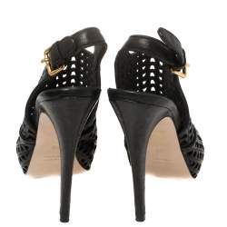 Pre Owned Miu Miu Black Leather Laser Cut Peep Toe Slingback Sandals Size 35