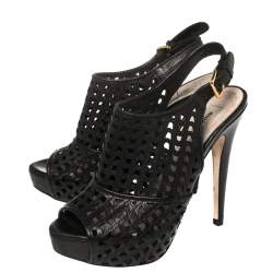 Pre Owned Miu Miu Black Leather Laser Cut Peep Toe Slingback Sandals Size 35