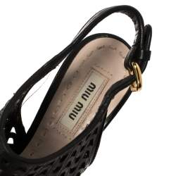 Pre Owned Miu Miu Black Leather Laser Cut Peep Toe Slingback Sandals Size 35