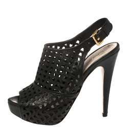 Pre Owned Miu Miu Black Leather Laser Cut Peep Toe Slingback Sandals Size 35