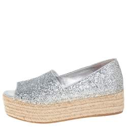 Pre Owned Miu Miu Silver Coarse Glitter Platform Wedge Open Toe Espadrilles Size 39