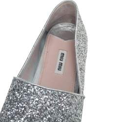 Pre Owned Miu Miu Silver Coarse Glitter Platform Wedge Open Toe Espadrilles Size 39