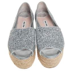 Pre Owned Miu Miu Silver Coarse Glitter Platform Wedge Open Toe Espadrilles Size 39