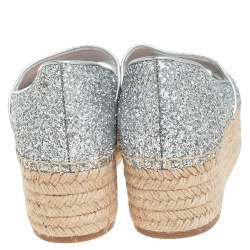Pre Owned Miu Miu Silver Coarse Glitter Platform Wedge Open Toe Espadrilles Size 39