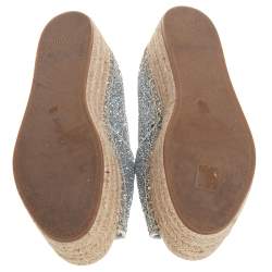 Pre Owned Miu Miu Silver Coarse Glitter Platform Wedge Open Toe Espadrilles Size 39