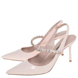 Pre Owned Miu Miu Pink Patent Leather Crystal Embellished Slingback Pump Size 38