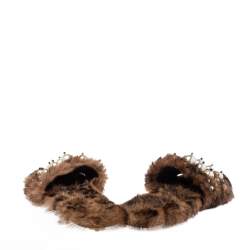Miu Miu Brown Fur Pearl Embellished Sandals Size 40