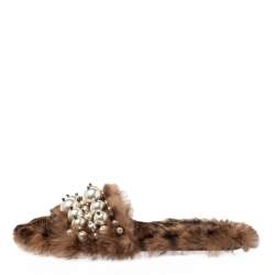 Miu Miu Brown Fur Pearl Embellished Sandals Size 40