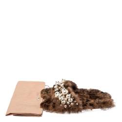 Miu Miu Brown Fur Pearl Embellished Sandals Size 40