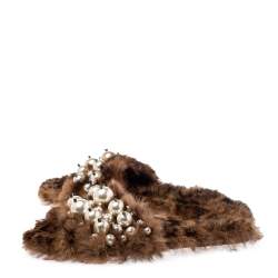 Miu Miu Brown Fur Pearl Embellished Sandals Size 40