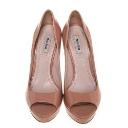Pre Owned Miu Miu Nude Beige Patent Leather Peep Toe Pumps Size 38