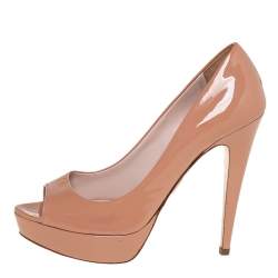 Pre Owned Miu Miu Nude Beige Patent Leather Peep Toe Pumps Size 38