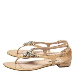 Pre Owned Miu Miu Beige Patent Leather Crystal Embellished Thong Flat Sandals Size 37.5