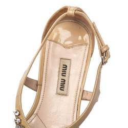Pre Owned Miu Miu Beige Patent Leather Crystal Embellished Thong Flat Sandals Size 37.5