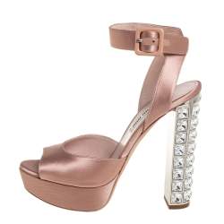 Pre Owned Miu Miu Beige Satin Crystal Embellished Heel Platform Ankle Strap Sandals Size 37