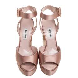 Pre Owned Miu Miu Beige Satin Crystal Embellished Heel Platform Ankle Strap Sandals Size 37