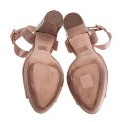 Pre Owned Miu Miu Beige Satin Crystal Embellished Heel Platform Ankle Strap Sandals Size 37