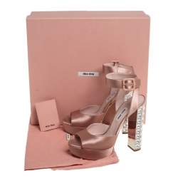 Pre Owned Miu Miu Beige Satin Crystal Embellished Heel Platform Ankle Strap Sandals Size 37