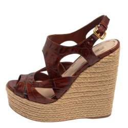 Miu Miu Brown Embossed Leather Espadrille Wedge Sandals Size 37.5