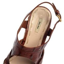 Miu Miu Brown Embossed Leather Espadrille Wedge Sandals Size 37.5