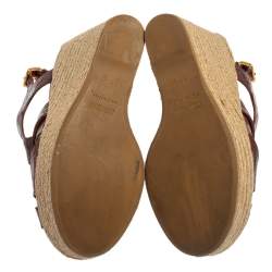 Miu Miu Brown Embossed Leather Espadrille Wedge Sandals Size 37.5