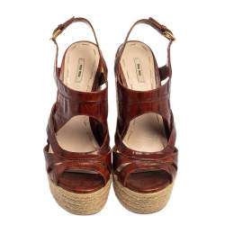 Miu Miu Brown Embossed Leather Espadrille Wedge Sandals Size 37.5