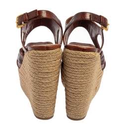 Miu Miu Brown Embossed Leather Espadrille Wedge Sandals Size 37.5