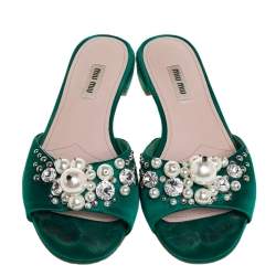 Pre Owned Miu Miu Green Satin Pearl Embellished Flats Size 37.5