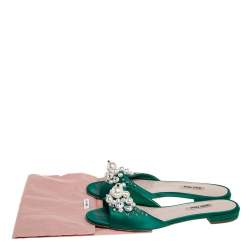 Pre Owned Miu Miu Green Satin Pearl Embellished Flats Size 37.5