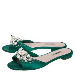 Pre Owned Miu Miu Green Satin Pearl Embellished Flats Size 37.5