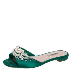 Pre Owned Miu Miu Green Satin Pearl Embellished Flats Size 37.5