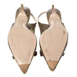 Pre Owned Miu Miu Green/Yellow Snakeskin Embossed Patent Bow Pointed Toe Slingback Sandals Size 38