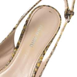 Pre Owned Miu Miu Green/Yellow Snakeskin Embossed Patent Bow Pointed Toe Slingback Sandals Size 38